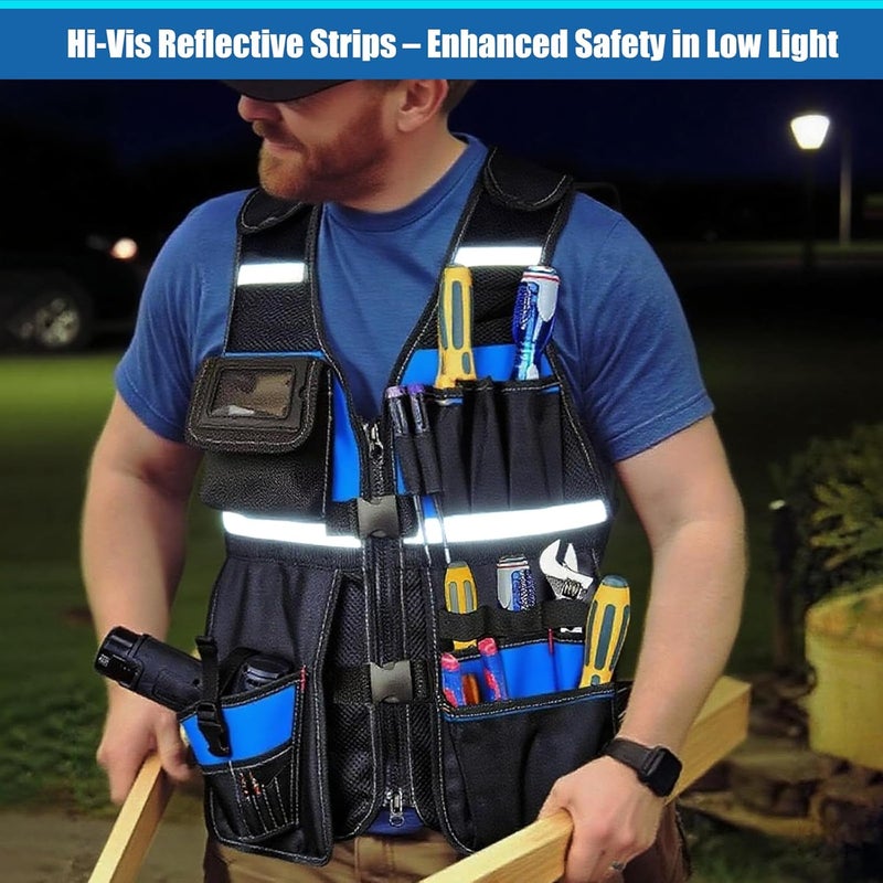 TooCust Tool Vest, Electrician Tool Vest with Drill Holster, 17 Compartments, Reflective Workwear with Tool Pockets, Adjustable Waist & Upgraded Comfortable Neck Opening (Blue) - Image 5